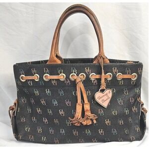Dooney & Bourke Multi-Color Monogram Black Coated Canvas Tote Bag Heart Charm